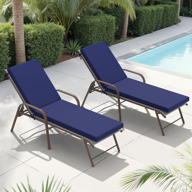 Adjustable Aluminum Outdoor Chaise Lounge Chairs With Removable Cushions (Set Of 2), Navy, Beige/Brown