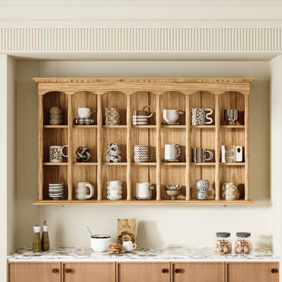 Étagère murale de 140 cm de large avec rangement ouvert à plusieurs compartiments et design arqué imitation bois