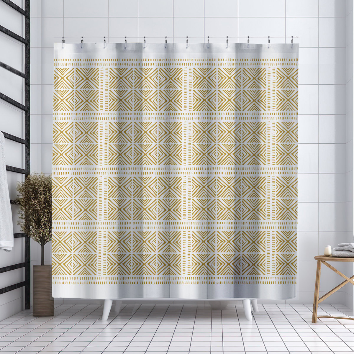 Thora Tribal Shower Curtain, ThoraTribal Mustard