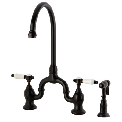 Kingston Brass Bel-Air Two-Handle 3-Hole Deck Mount Bridge Kitchen Faucet with Brass Side Sprayer