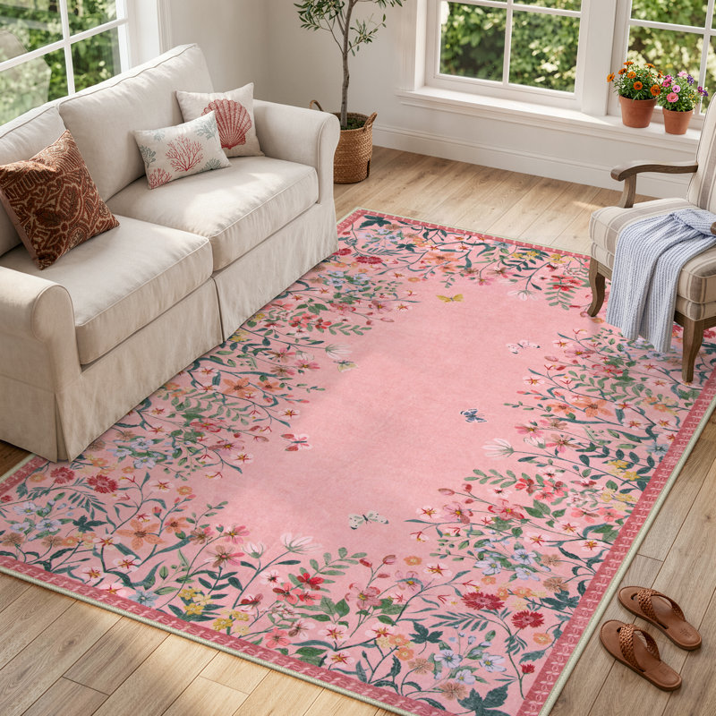     Floral Vintage Washable Pink 5X7 Area Rug with Non Slip Backing - Low Pile Durable Carpet for Living Room, Bedroom, Dining Room or Office Decor