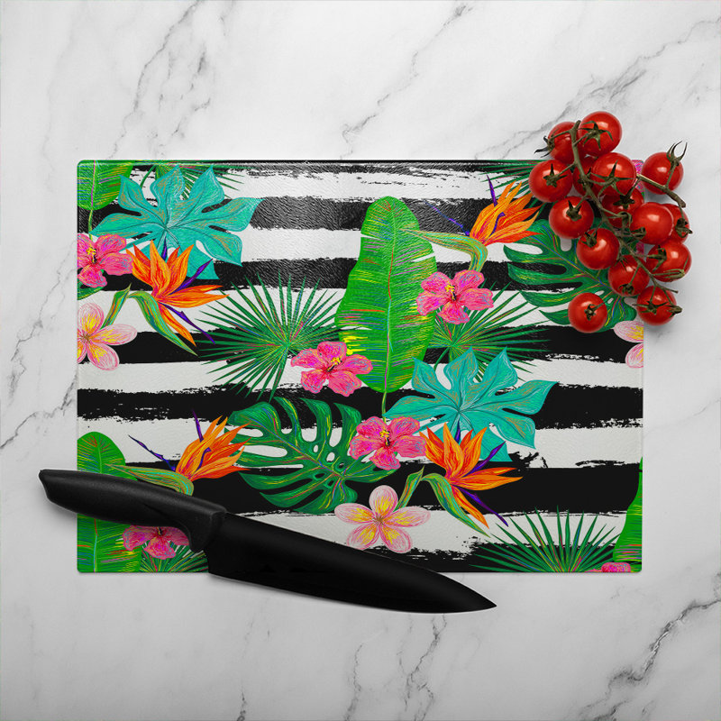 Tropical Plants On White Stripes Glass Chopping Board, 28cm L x 20cm W