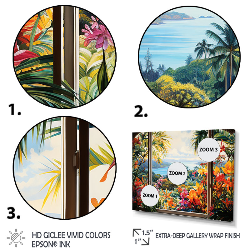 «Tropical Windows View Blooms 4 - Coastal Windows», art mural, H 28 po x l 60 po x P 1,5 po, Cadre flottant brun