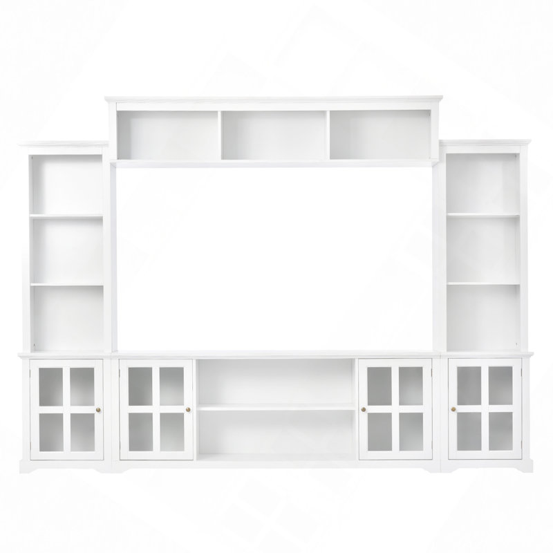 TV Console with Bridge, Tempered Glass Door, Fits Up to 70" TVs, White