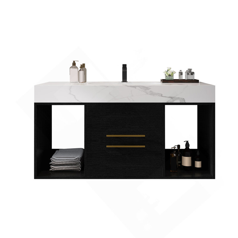 Meuble-lavabo mural 39,4 po avec lavabo en céramique, meuble-lavabo flottant, armoire de rangement murale avec 2 tiroirs et 2 espaces de rangement