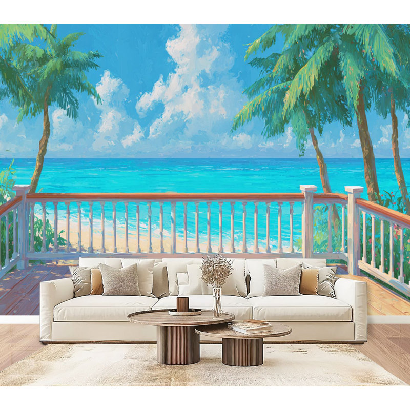 Papier peint adhésif tropical Tropical Sea Paradise Beach Villa Terrace View Blue Ocean, L 96 po x l 69 po