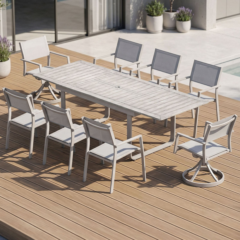 Ensemble de salle à manger d'extérieur extensible 9 pièces, ensemble de salle à manger de patio en aluminium avec chaises pivotantes, table à manger d'extérieur extensible et 6 chaises de salle à manger empilables en textilène pour terrasse, balcon, jardin