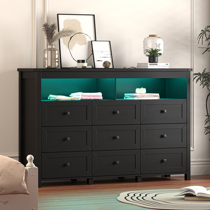 Commode 9 tiroirs 59 po avec éclairage à DEL et prise de courant, commode double en bois pour chambre à coucher, salon, Noir