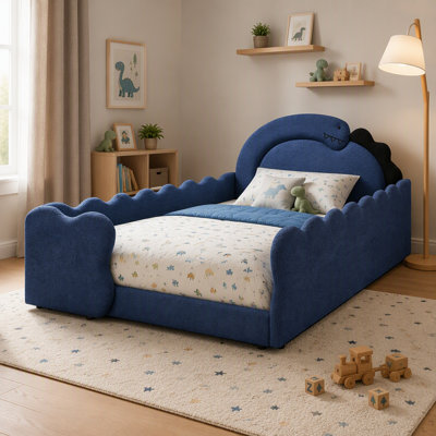 Full Size Dinosaur-Shaped Kids Platform Bed with Safety Guardrails, Boucle Fabric Upholstered Solid Wood Bed Frame for Bedroom