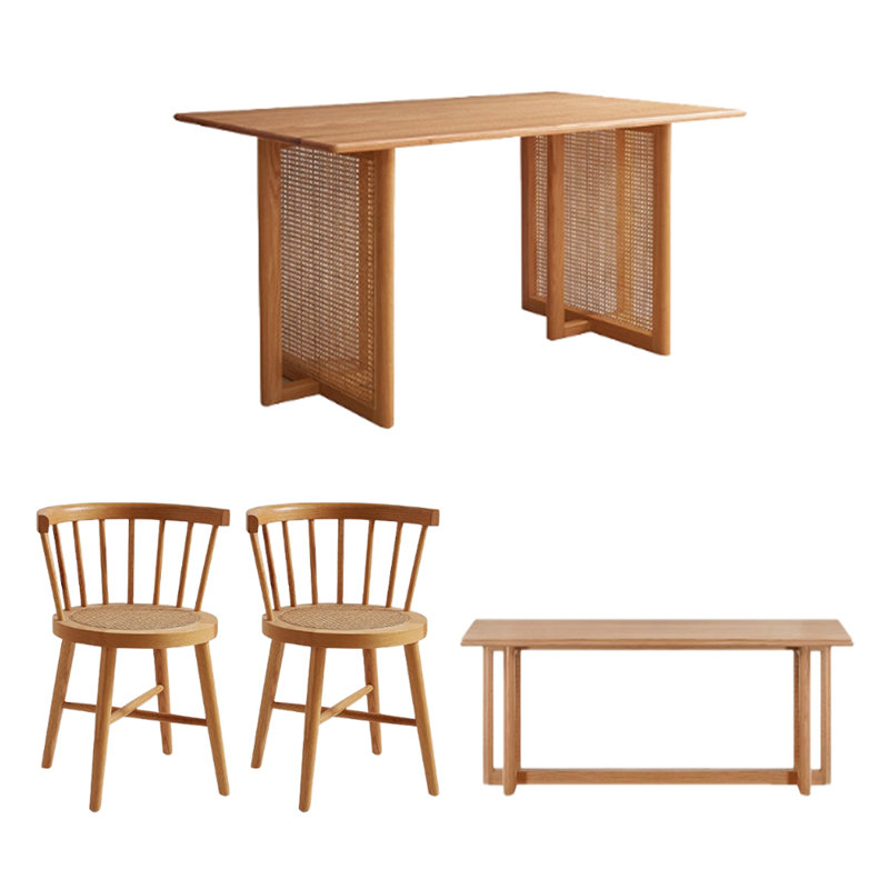 Durable Rectangular Red Oak Rattan Dining Table, 29.13" H x 62.99" L x 33.46" W