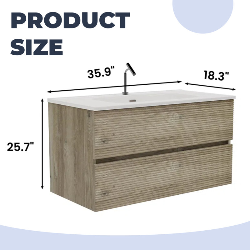 Meuble-lavabo flottant 36 po avec lavabo intégré en céramique 36 po - Rangement mural moderne, tiroirs à fermeture en douceur