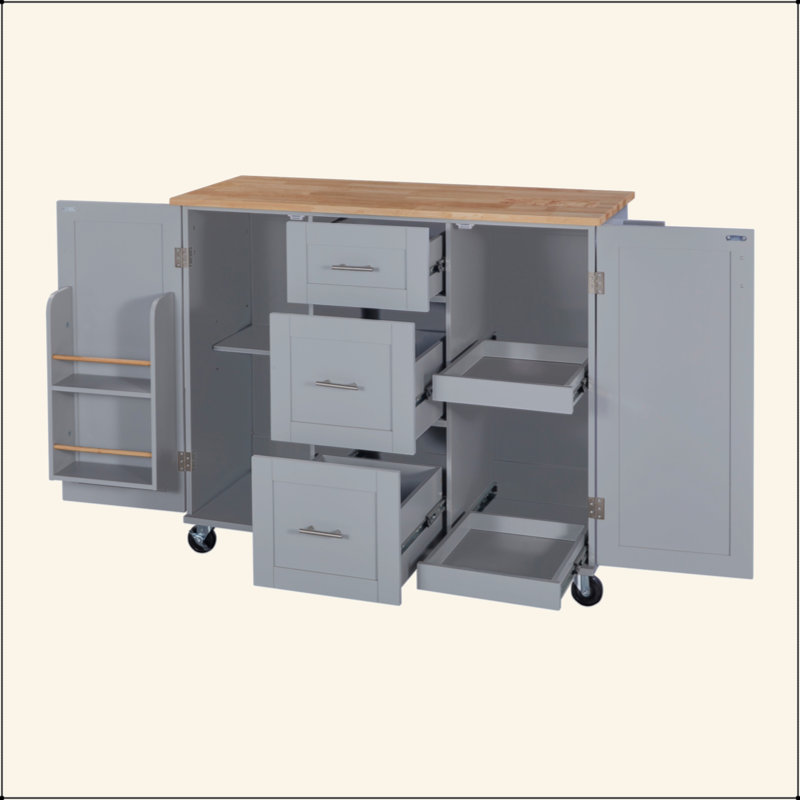 Rolling Kitchen Island With Storage, Kitchen Cart With Rubber Wood Top, 3 Drawer, 2 Slide-Out Shelf And Internal Storage Rack, Kitchen Island On Wheels With Spice Rack & Tower Rack, Grey Blue