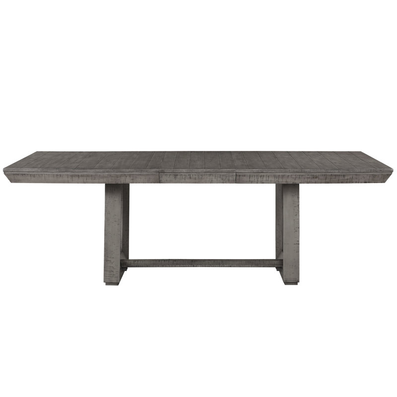 Table rustique moderne en placage gris avec rallonge pour repas décontractés, 8 places.