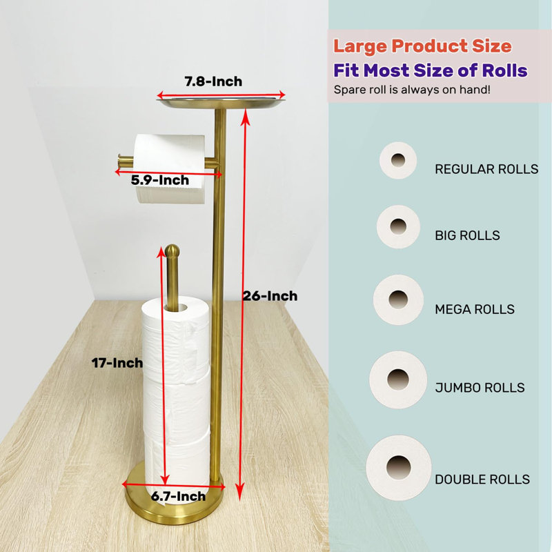 Porte-papier hygiénique sur pied avec plateau de rangement et organisateur de rouleau supplémentaire, fabrication en acier inoxydable robuste pour le décor de la salle de bain