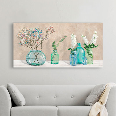 Floral Setting With Glass Vases by Jenny Thomlinson - Wrapped Canvas Painting