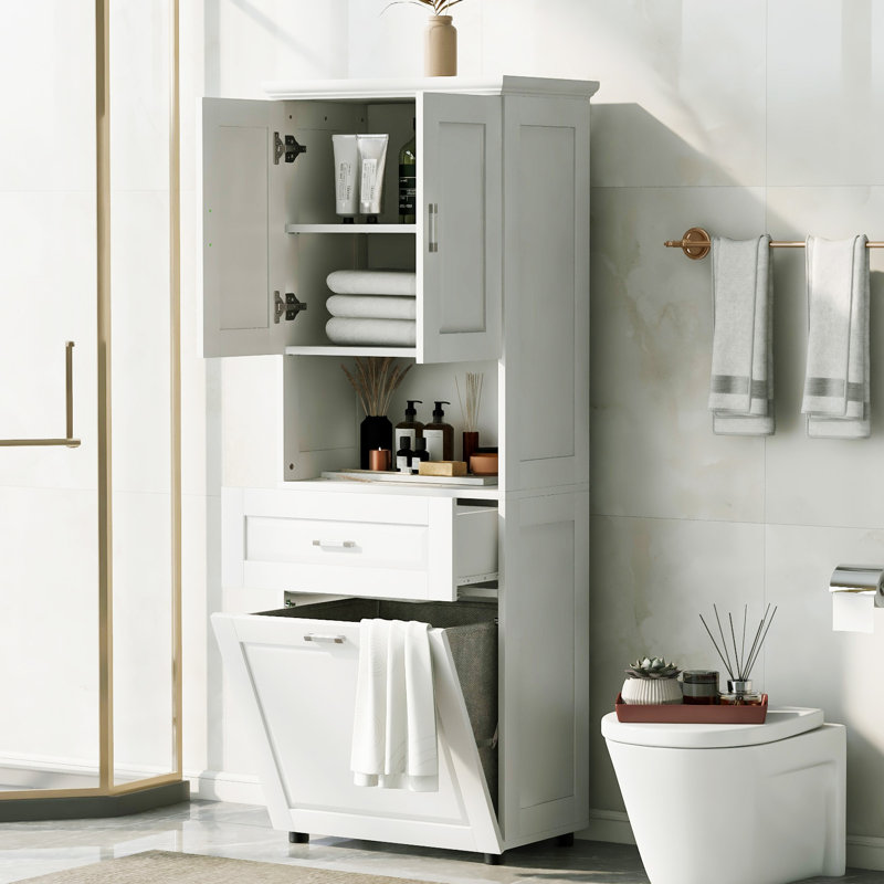 Tall Bathroom Cabinet With Laundry Basket, White