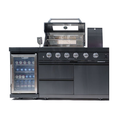 46-Inch 4-Burner 72000 BTU Deluxe Stainless Steel Gas Outdoor Kitchen Bar Barbecue Island Grill + Wine Cooler Compact Refrigerator + Rotisserie Kit + Granite Countertops