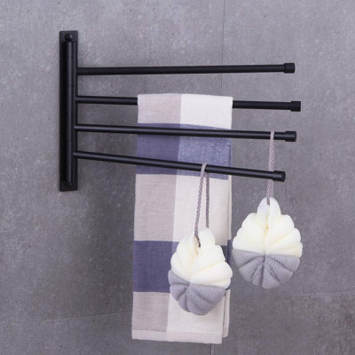 Matte Black Swinging Towel Rack, 4-Arm Bathroom Wall Mount Bar With Hooks, Rust-Resistant Stainless Steel