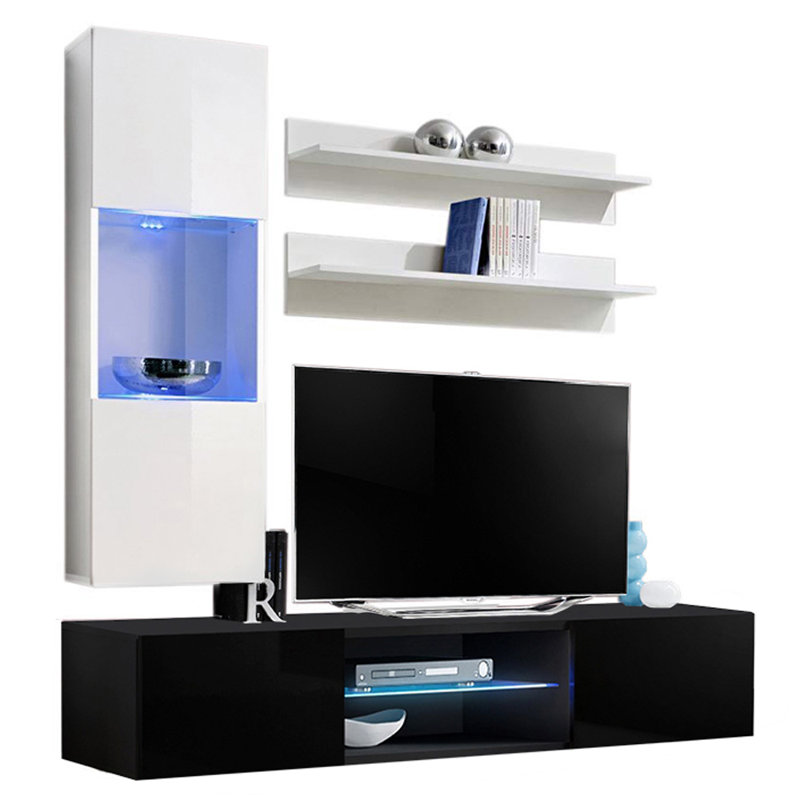 Levasseur 63" Modern Floating Wall Mounted Entertainment Center with 16-Color LED Lighting, High Gloss Finish, White/Black