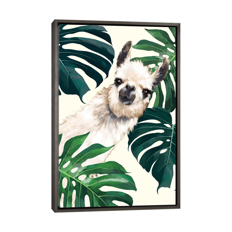 Lama sournois avec art Monstera, H 40 po x l 26 po x P 1,5 po, Toile encadrée de bois rustique foncé