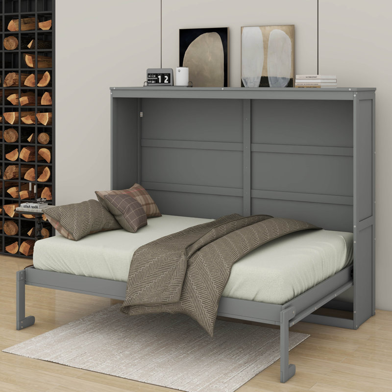 Lit escamotable double pleine grandeur, Gris, Lit double