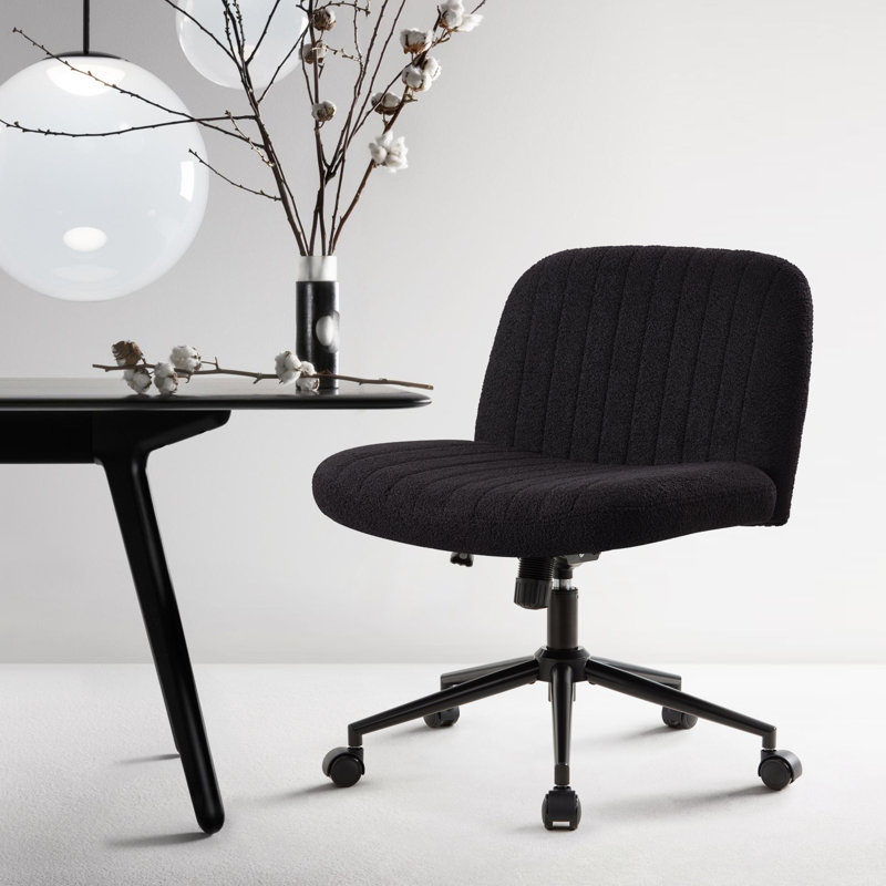 Milicent Armless Wide Desk Chair with Wheels, Black, Teddy