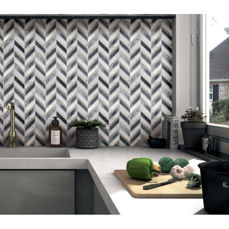 Stella 1" x 3" Chevron Metal Marble Mosaic Wall Tile, Thassos/Emerald Green/Gold