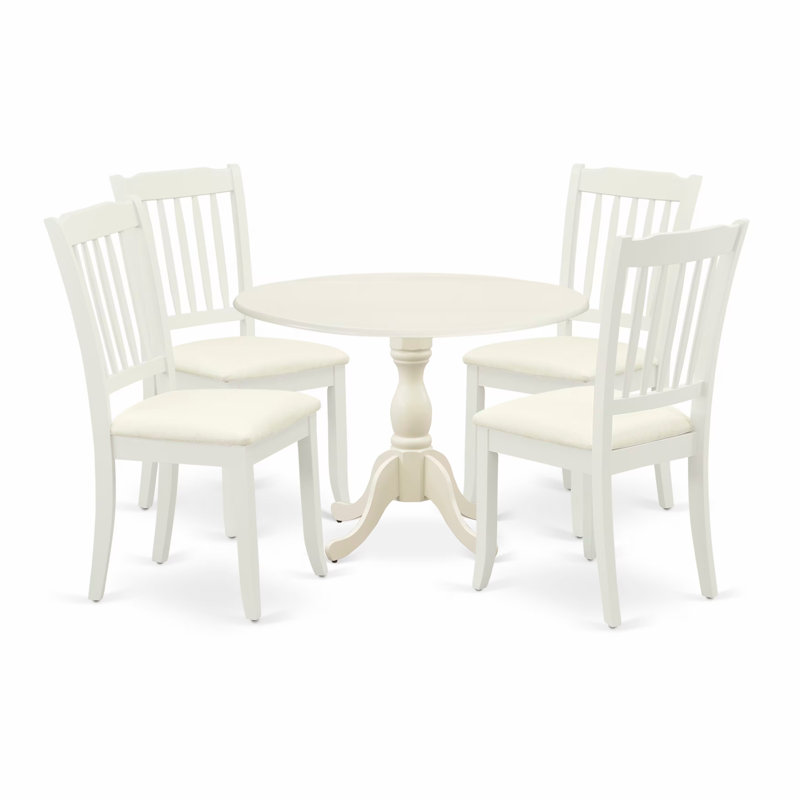L'ensemble de 5 pièces pour salle à manger pour 4 personnes comprend une table de salle à manger ronde avec Dropleaf et 4 chaises rembourrées en tissu de lin, 42 x 42 pouces, blanc lin