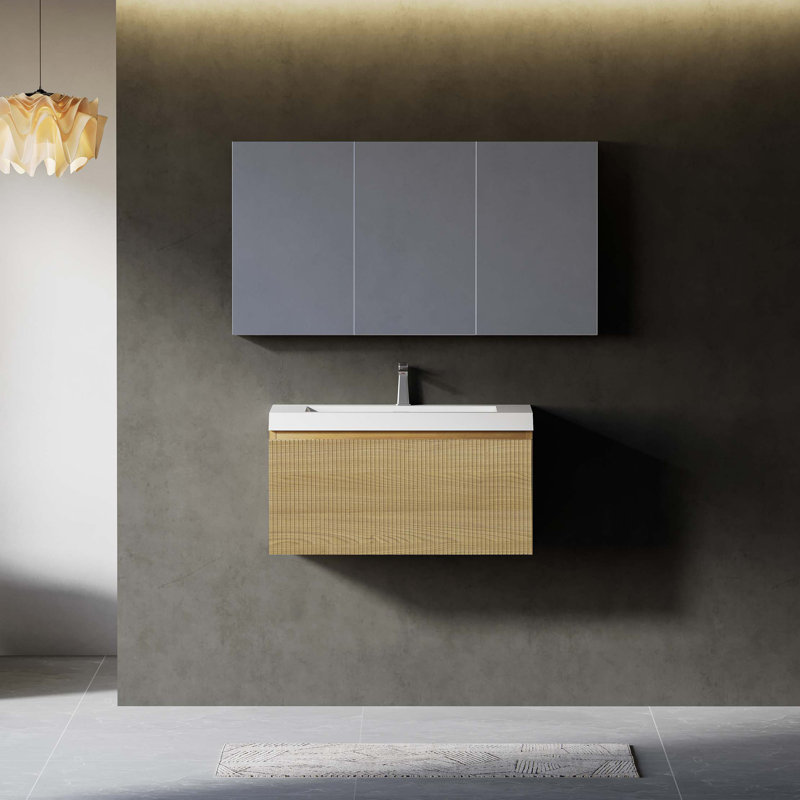 Ensemble de meuble-lavabo mural 30 po avec tiroir à fermeture en douceur, Blanc / bois de chêne naturel