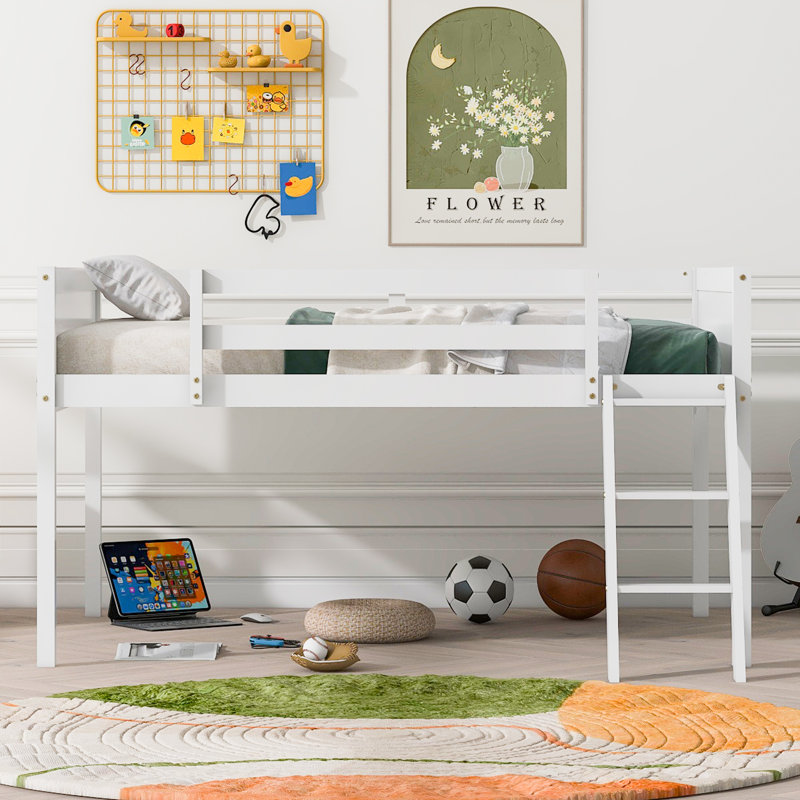  Lit mezzanine double en bois pleine grandeur avec échelle, placement réversible vers la gauche ou vers la droite pour une disposition flexible de la pièce, blanc