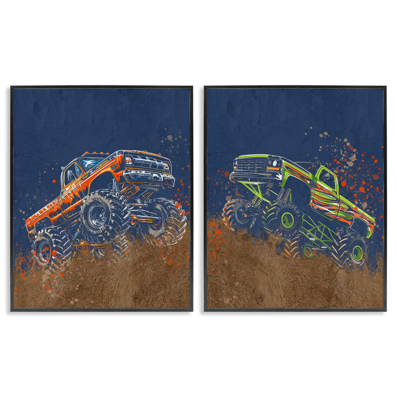 Ensemble de giclée encadrée 2 pièces Monster Truck Jam, design par Kim Allen, H 14 po x l 11 po, Giclée encadrée noir minuit