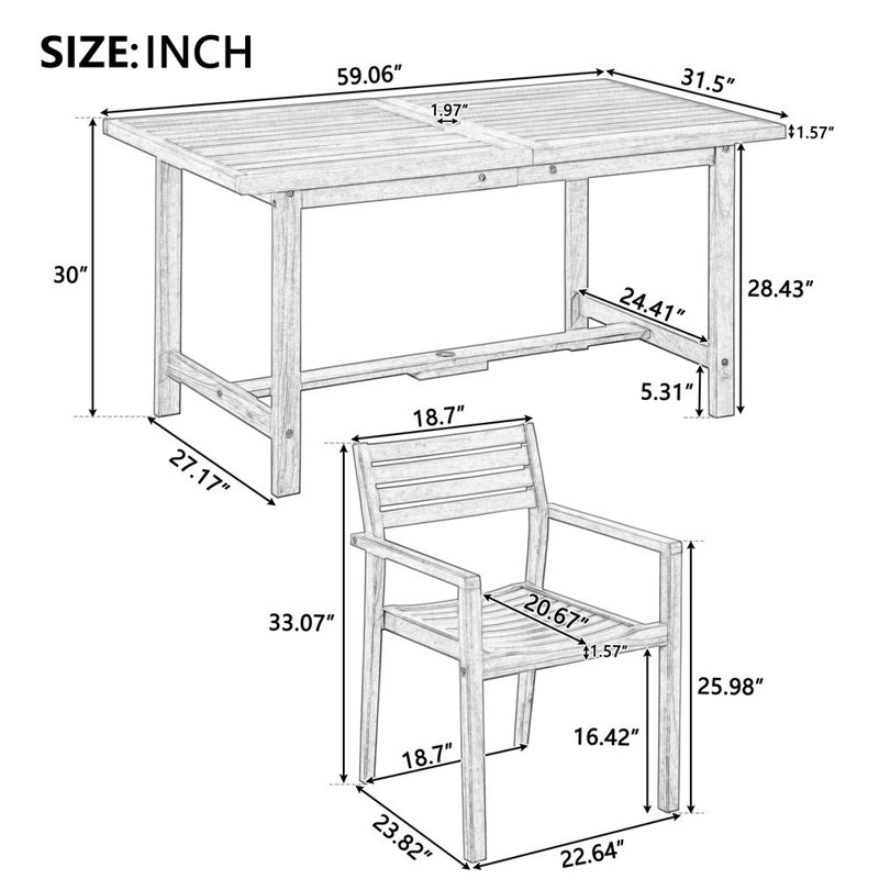 Ensemble de salle à manger d'extérieur 5 pièces, table rectangulaire avec trou pour parasol et quatre chaises, Gris clair