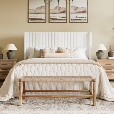 Candler Velvet Upholstered Platform Bed with Wingback Headboard and Wooden Slats