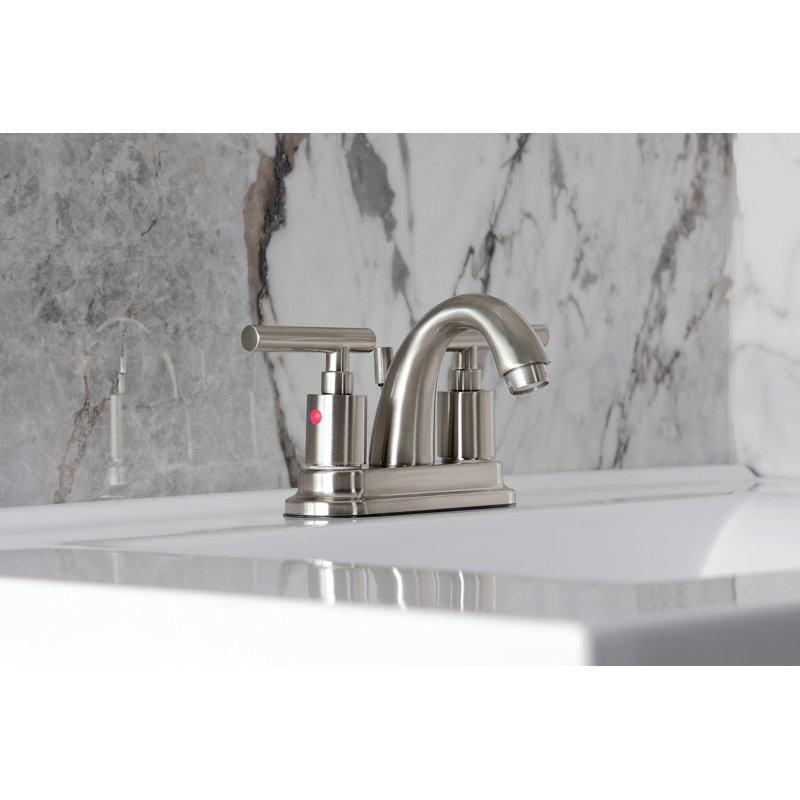 Kingston Brass Manhattan Two-Handle 3-Hole Deck Mount 4" Centerset Bathroom Faucet with Pop-Up Drain, Brushed Nickel