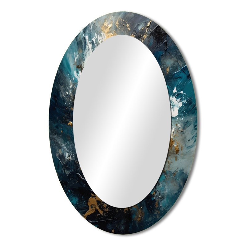 Encre liquide bleue et dorée Transcendent II - Miroir décoratif abstrait ovale sur métal, 36 po x 24 po