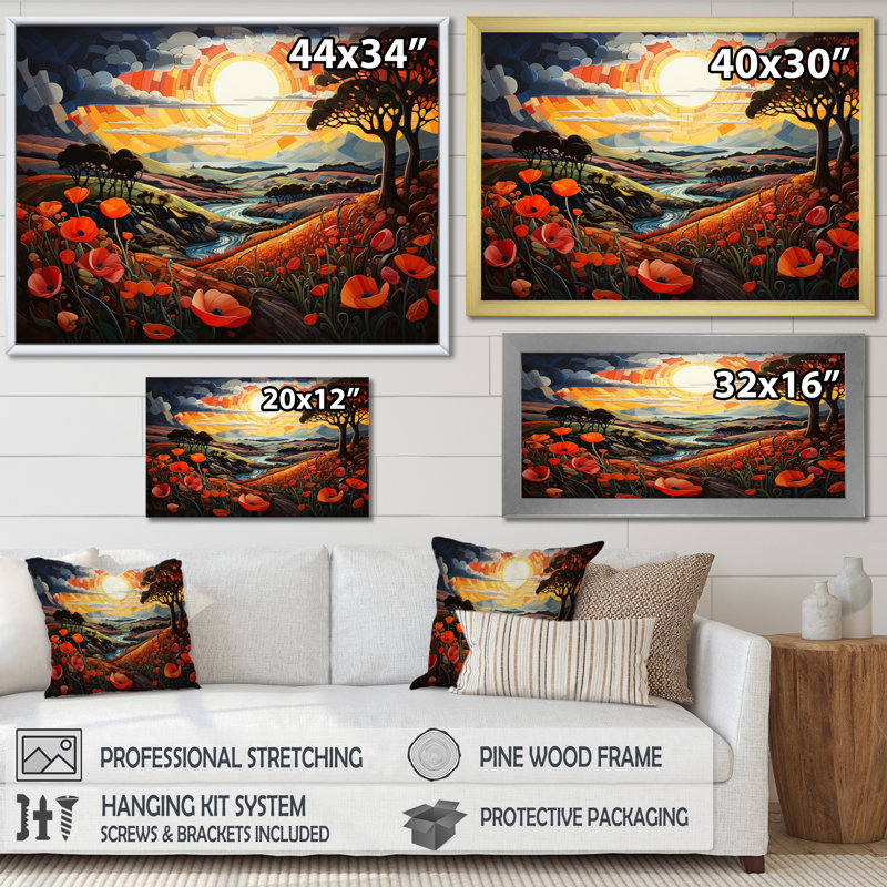 «Countryside Red Poppy Field IV», reproduction d'art sur toile, 34" H x 44" W, Cadre flottant blanc