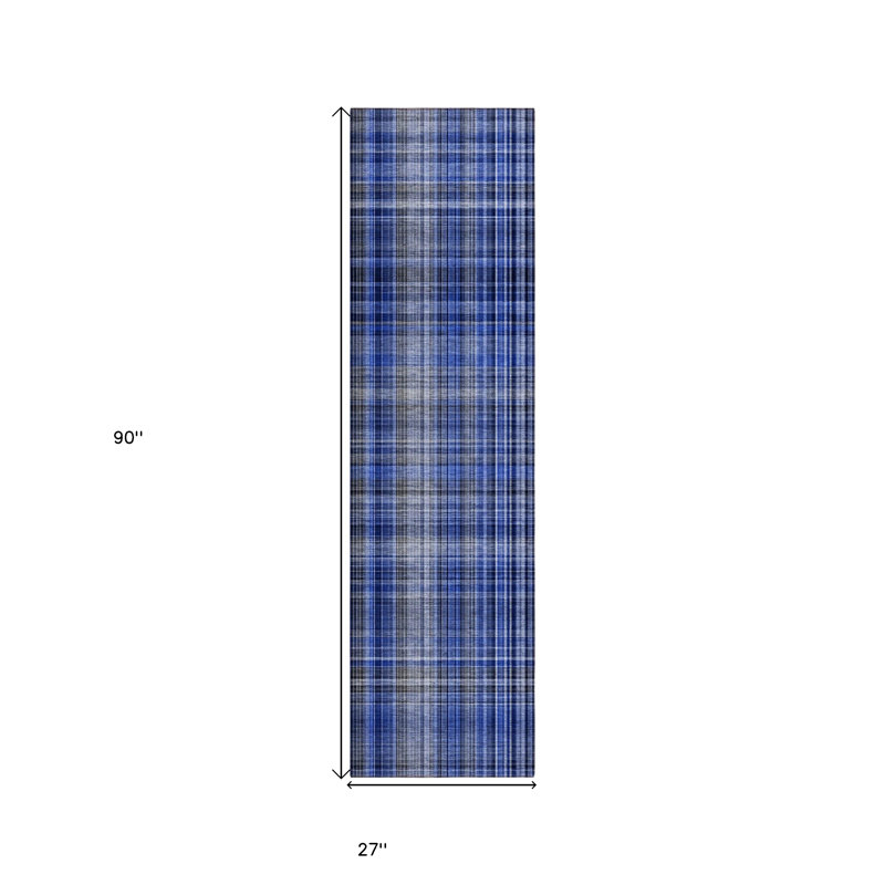 8' Runner Navy Blue Plaid Washable Non Skid Indoor Outdoor Runner Rug