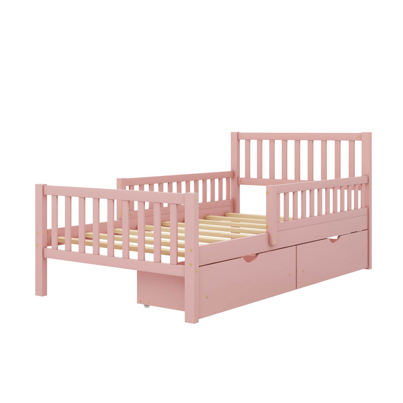 Lit plateforme simple en bois avec garde-corps double et double compartiment de rangement, Simple, Rose