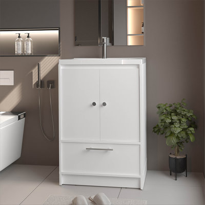 Meuble-lavabo autoportant blanc à 2 portes avec lavabo et tiroir inférieur