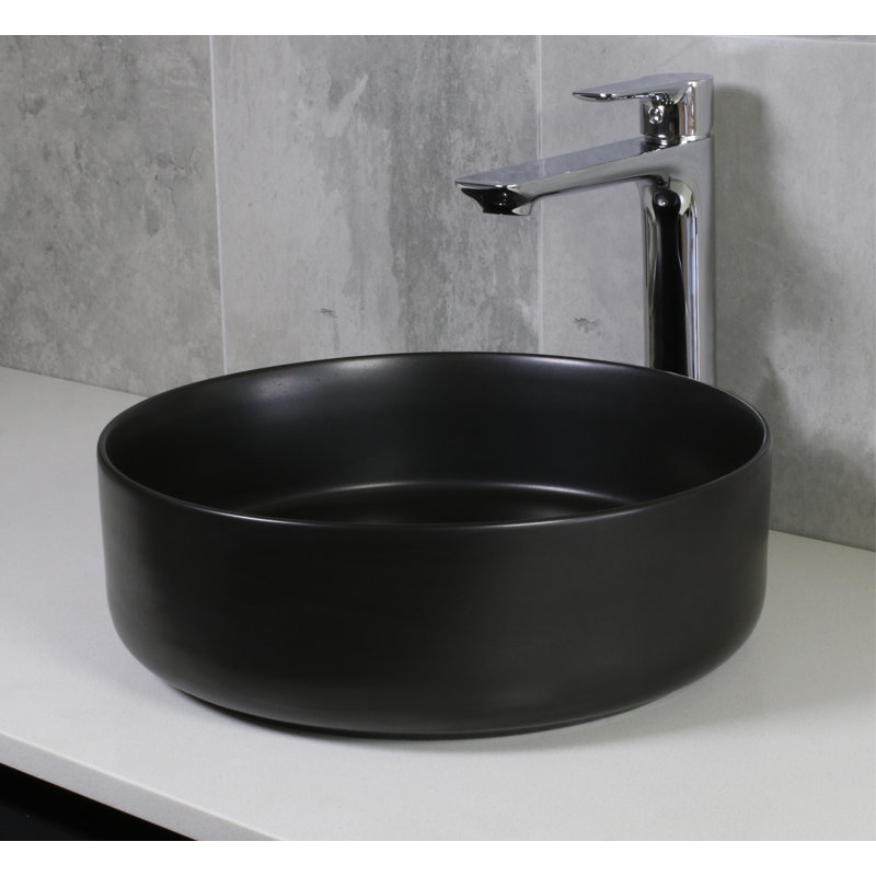 Tucana Bench Mount Ceramic Round Vessel Bathroom Sink, Matte Black