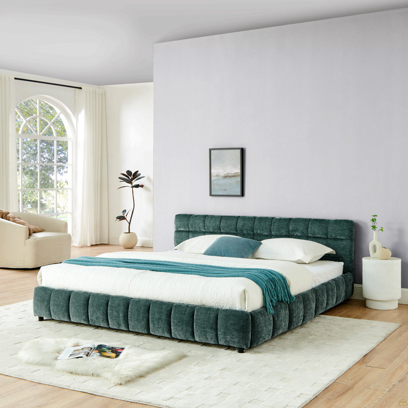 King Size Upholstered Bed ,Comfortable Upholstered Bed Frame, Chenille Fabric, Blue-Green, King