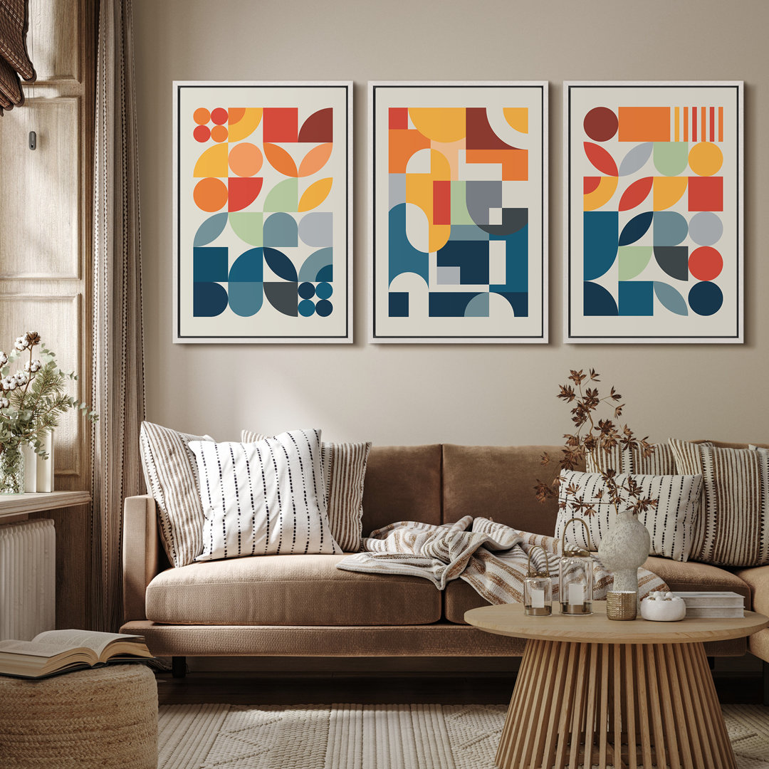 Abstract Vibrant Color Blocks Orange Blue Mid Century Modern Pictures Canvas 3 Pieces Print Wall Art IDEA4WALL Frame 