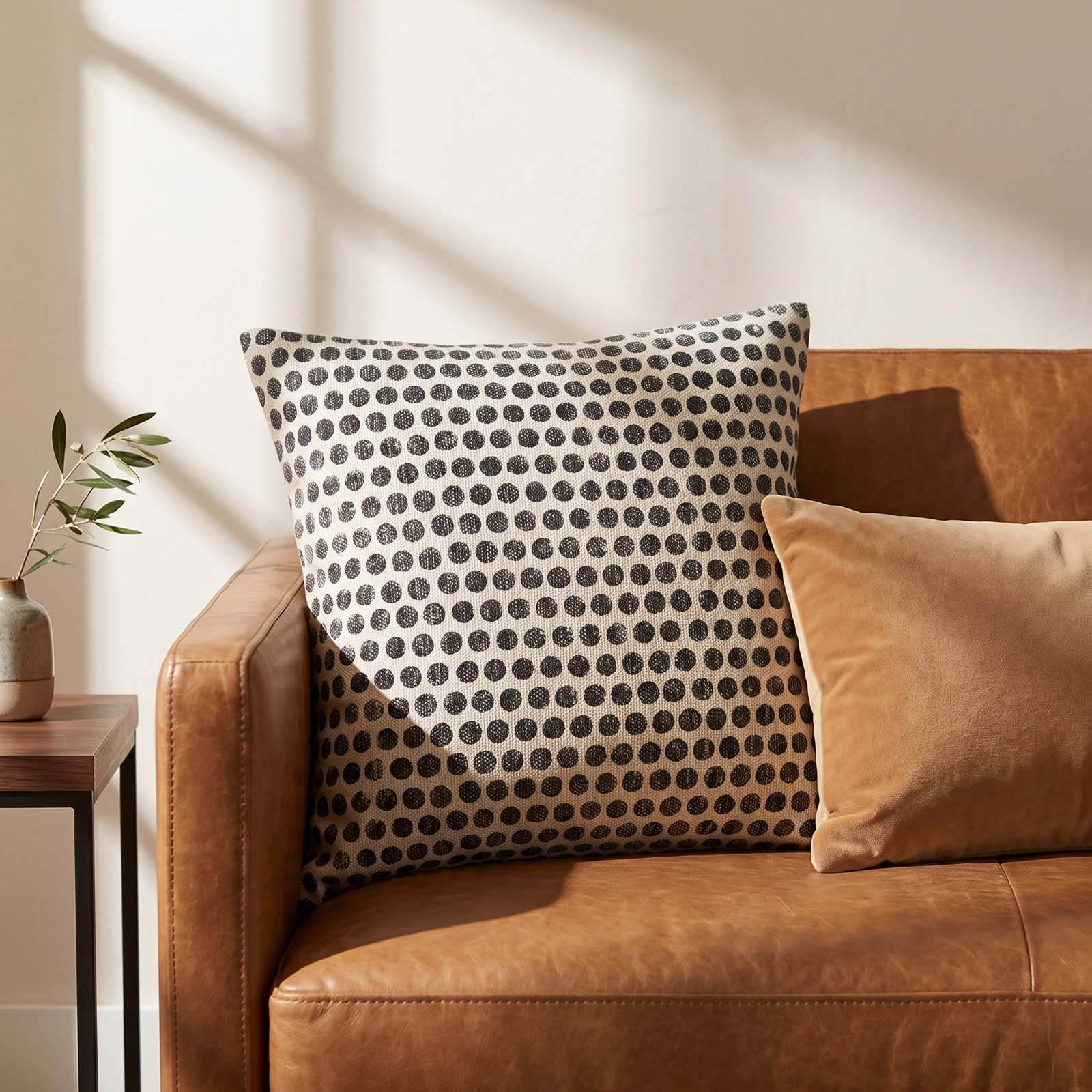 Zetta Polka Dots Cotton Throw Pillow, Square 18", Polyester/Polyfill, Light Beige/Black