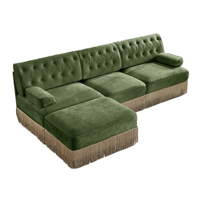 3-Seater Cloud Modular Velvet Sectional Sofa, Button Tufted Sofa with Tassel Skirt and Wooden Base for Indoor Use
