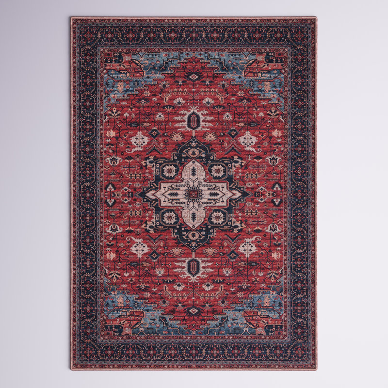 Serapi Red and Navy 4' x 6' Viscose Area Rug
