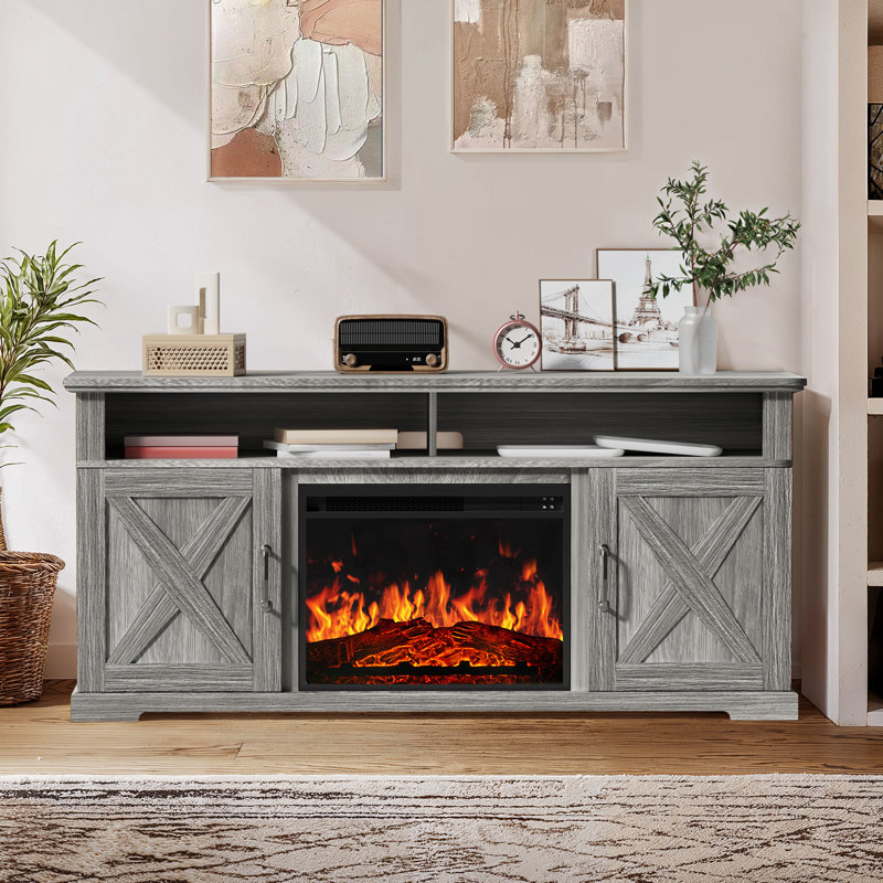 Kimblery TV Stand For TVs Up To 70" With Electric Fireplace Included, Farmhouse TV Console & Entertainment Center, Gray