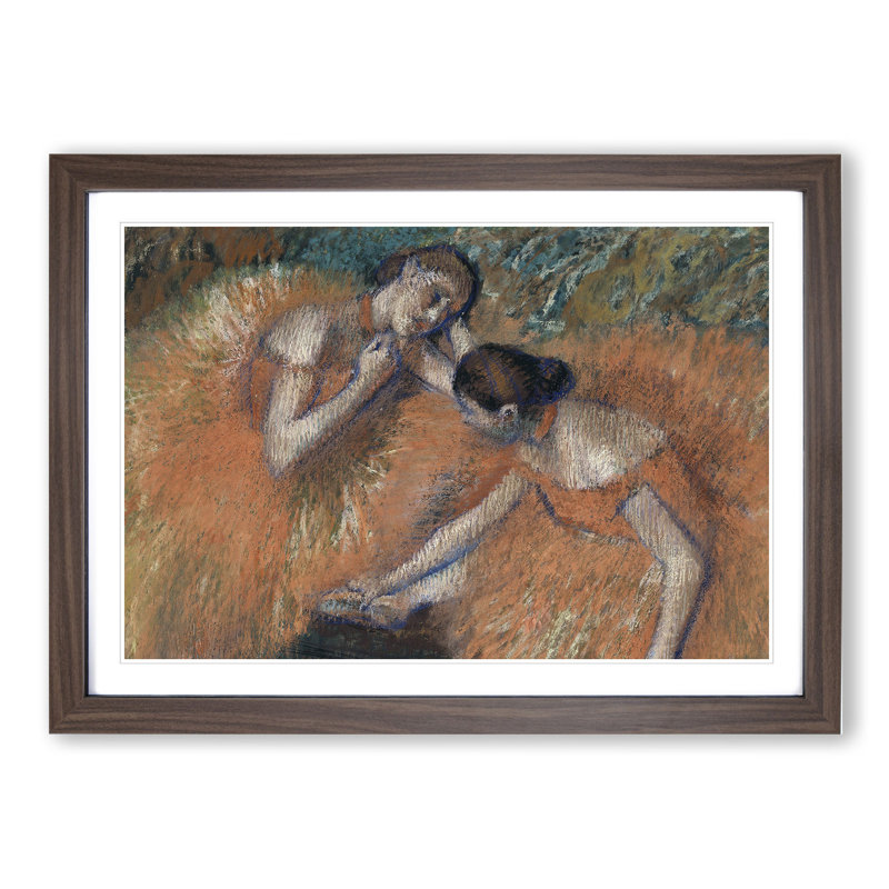 Two Ballet Ballerina Dancers in Orange by Edgar Degas - Picture Frame Painting, Walnut, 48cm H x 65cm W x 2cm D