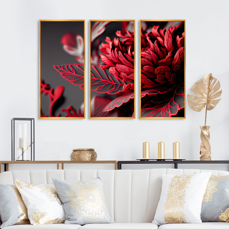 «Blossoming Rose in Red and Gray II», reproduction sur toile 3 pièces, Toile avec cadre doré, H 20 po x l 36 po x P 1 po