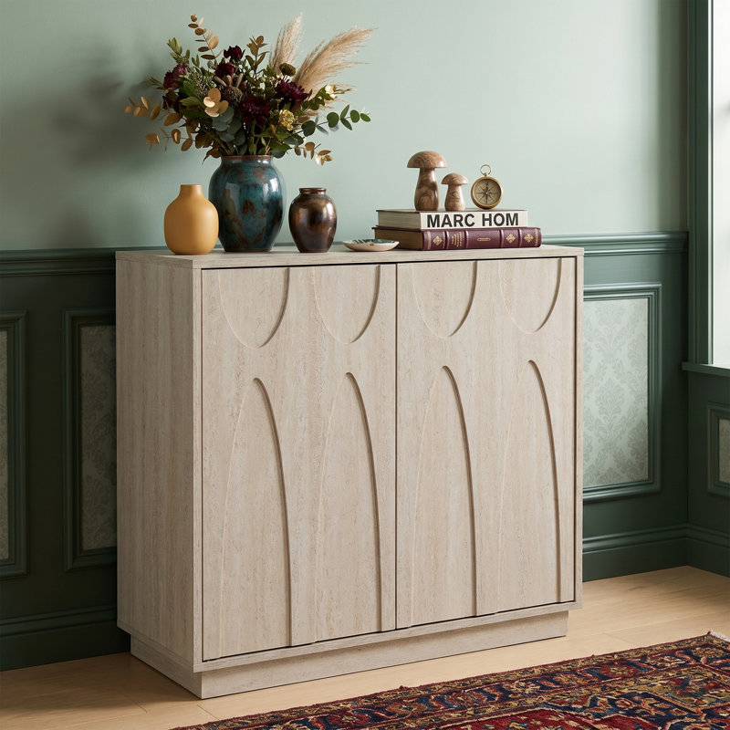 Buffet 31,5 "de largeur Mid-Century moderne avec 2 portes - Armoire de rangement en noyer avec tablette réglable - Conception à pousser - Console d'angle arrondie