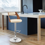 Inri Mid-century Swivel Adjustable Height Bar Stool with Open Back in Faux Leather, Wood, Metal